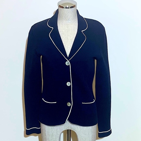 💥EUC💥 Lauren Ralph Lauren Navy Sweater Jacket w/White Piping - Size Small✨✨✨ - Picture 2 of 10